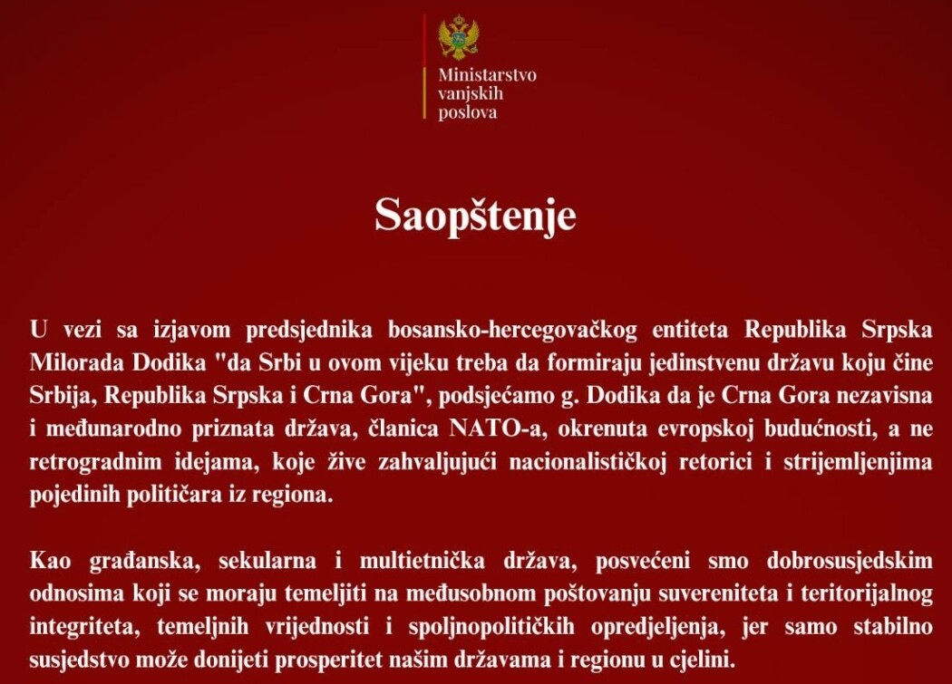MVP Crne Gore odgovorilo na sulude ideje Dodika: “Vrijeme je da se regija riješi ovakvih političara”