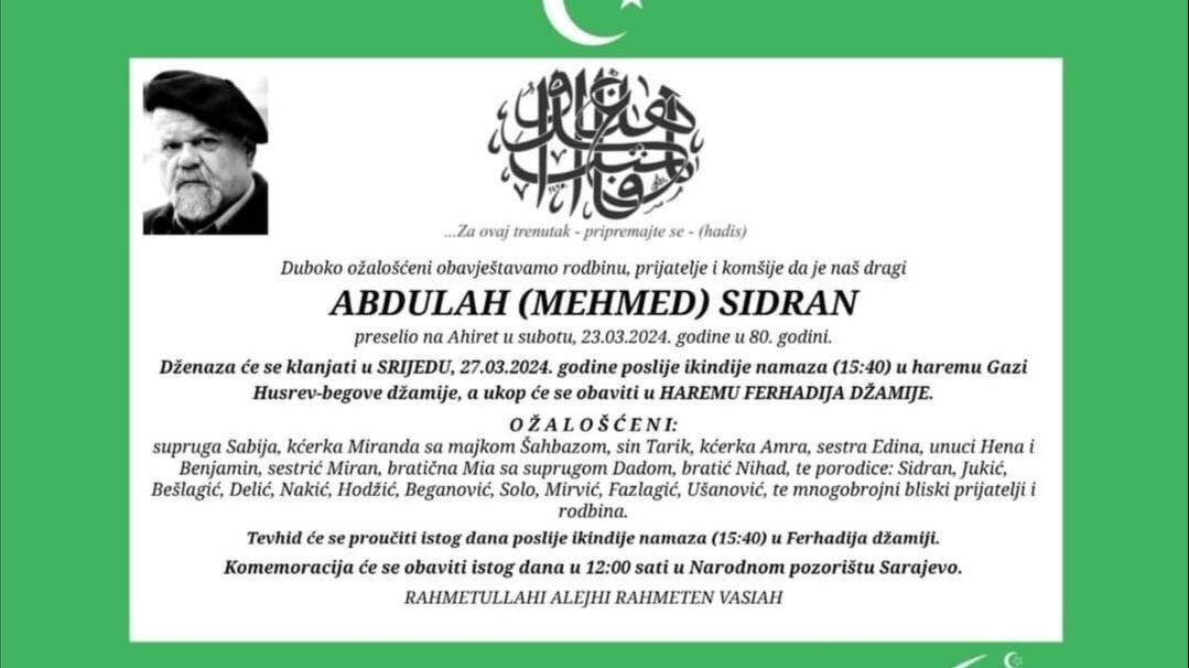 Dženaza Abdulahu Sidranu klanjat će se u haremu Gazi Husrev-begove džamije