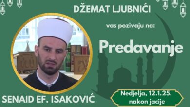 Danas nakon jacije namaza predavanje u džematu Ljubnići kod Ilijaša