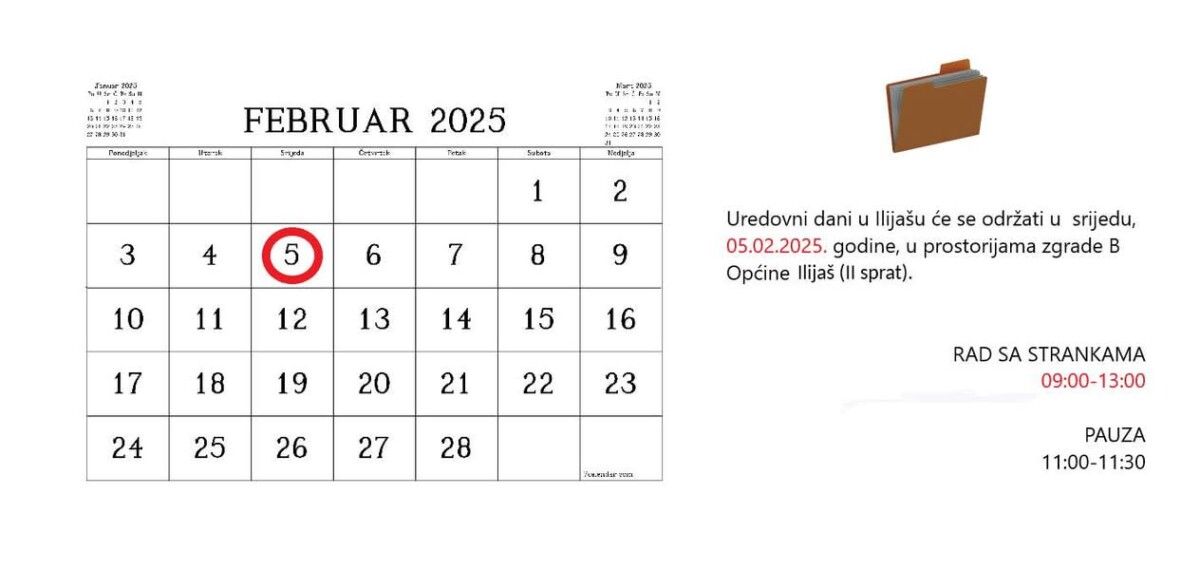 OBAVIJEST O UREDOVNIM DANIMA U OPĆINI ILIJAŠ