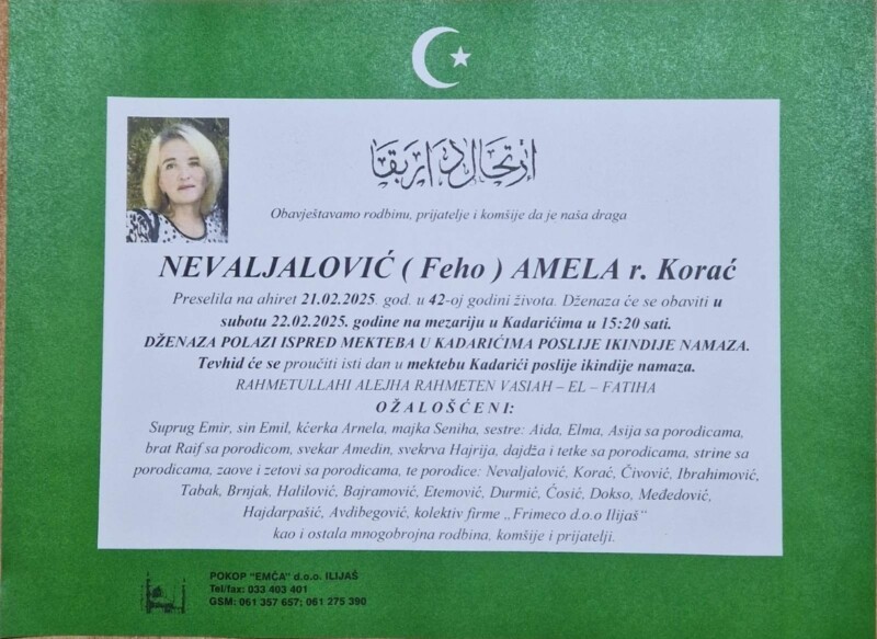 Danas dženaza namaz Ilijašanki Ameli Nevaljalović