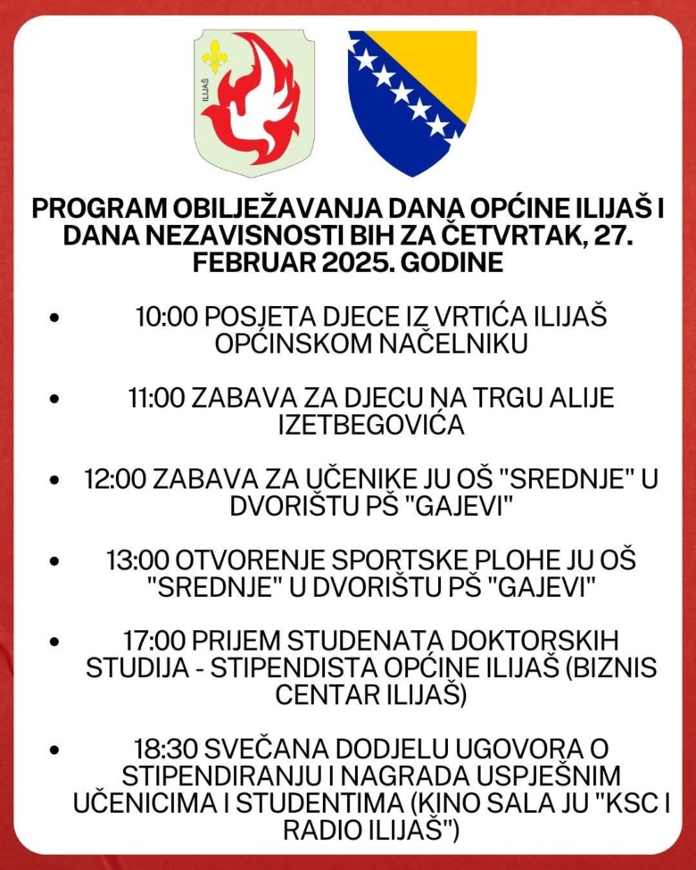 Najava programa obilježavanja Dana općine Ilijaš i Dana nezavisnosti BiH za četvrtak, 27 februar 2025