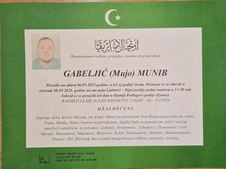 Na bolji svijet preselio Munib Gabeljić – Munta, dženaza sutra (8.5.2025.) poslije podne namaza na mezarju Ljubnići