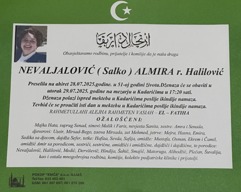 Na bolji svijet preselila Nevaljalović Almira r. Halilović