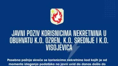 Javni poziv korisnicima nekretnina u obuhvatu K.O. Ozren, K.O. Srednje i K.O. Visojevica