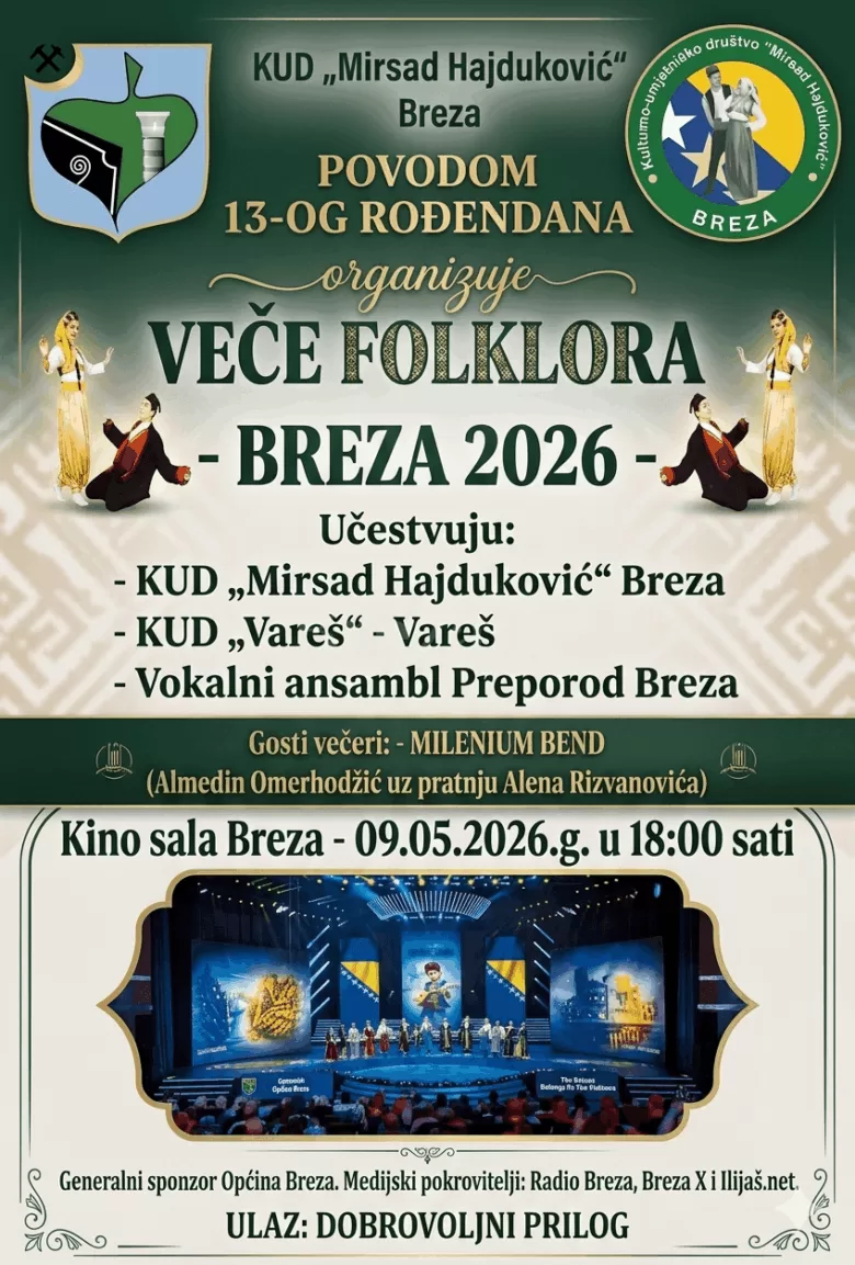 Spektakl tradicije u Brezi: KUD „Mirsad Hajduković“ slavi 13. rođendan uz Veče folklora