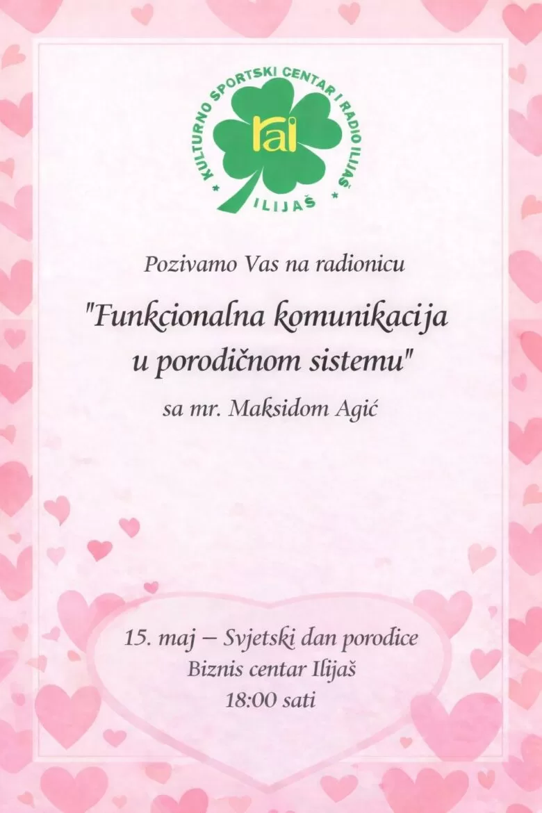 Edukativna radionica povodom Svjetskog dana porodice sa Maksidom Agić 15. maja u Ilijašu