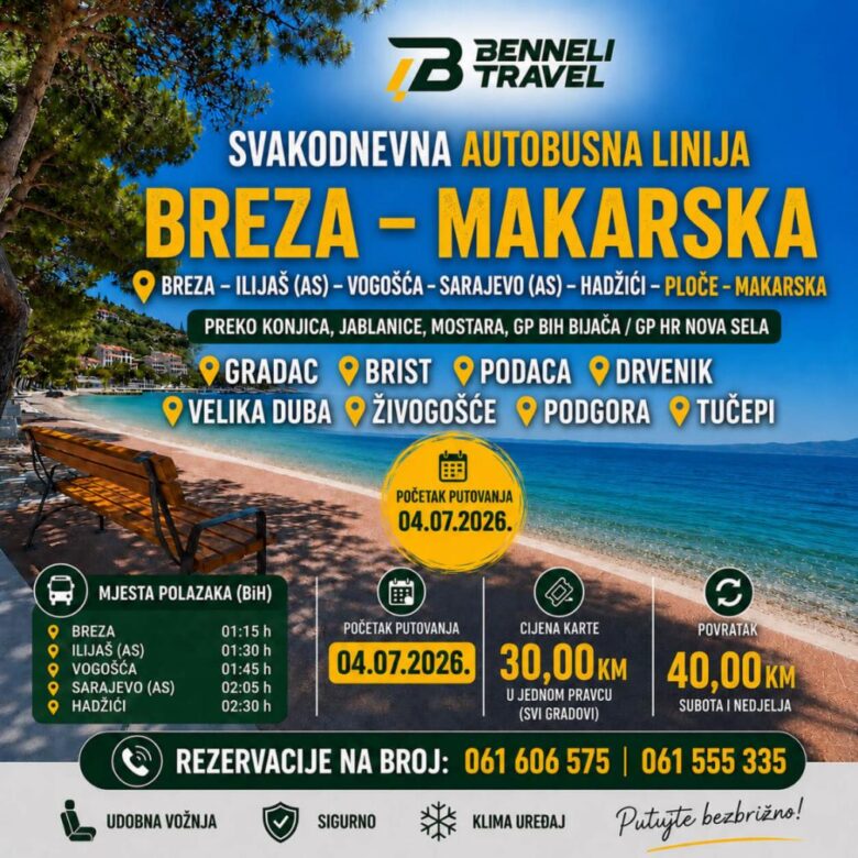 Nova svakodnevna autobusna linija za Makarsku rivijeru od 4. jula BREZA – ILIJAŠ – VOGOŠĆA – SARAJEVO – HADŽIĆI – MAKARSKA: Počinju svakodnevni polasci do omiljenih destinacija na Jadranu