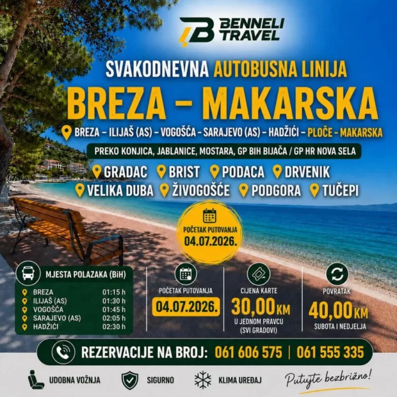 Nova svakodnevna autobusna linija za Makarsku rivijeru od 4. jula BREZA – ILIJAŠ – VOGOŠĆA – SARAJEVO – HADŽIĆI – MAKARSKA: Počinju svakodnevni polasci do omiljenih destinacija na Jadranu